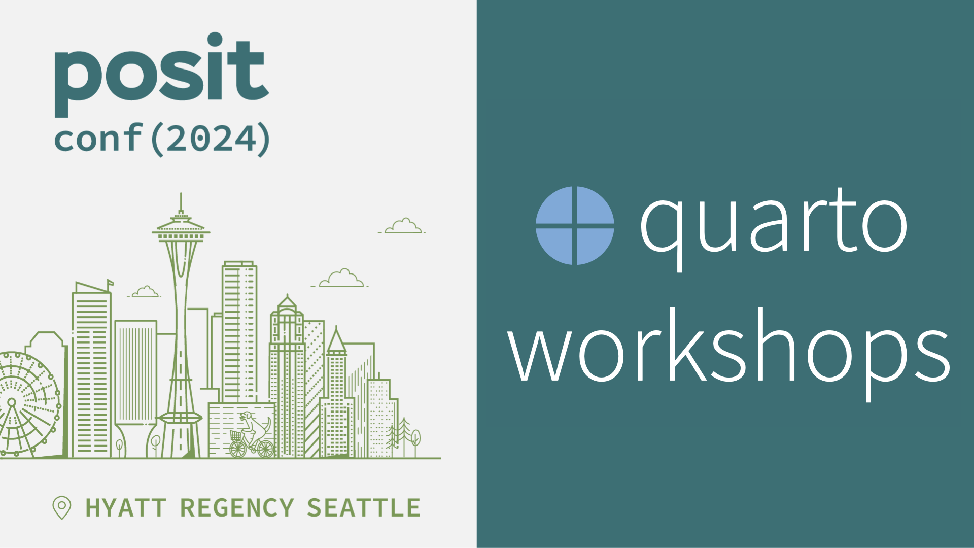 posit::conf(2024) iconography including Seattle skyline on the left and the words 'Quarto workshops' on the right.