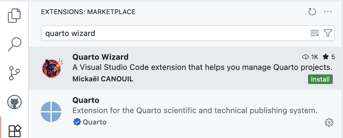 Visual Studio Code Extensions Marketplace showing Quarto Wizard search
results with install button.
